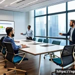 편집 및 개선 과정에서의 투명성 제고 전략 - A modern corporate meeting room with diverse professionals engaged in a transparent decision-making ...