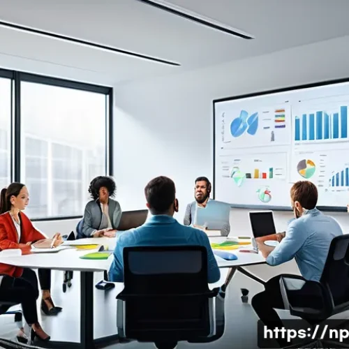 편집 후 지속적인 개선을 위한 전략 - A modern office scene showing a diverse team engaged in a lively feedback meeting around a large con...