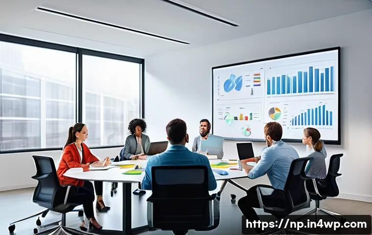 편집 후 지속적인 개선을 위한 전략 - A modern office scene showing a diverse team engaged in a lively feedback meeting around a large con...