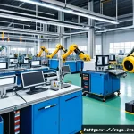 편집 및 개선 프로세스의 사례 및 교훈 - A modern manufacturing factory scene showing an automated production line with robotic arms assembli...