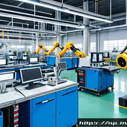 편집 및 개선 프로세스의 사례 및 교훈 - A modern manufacturing factory scene showing an automated production line with robotic arms assembli...