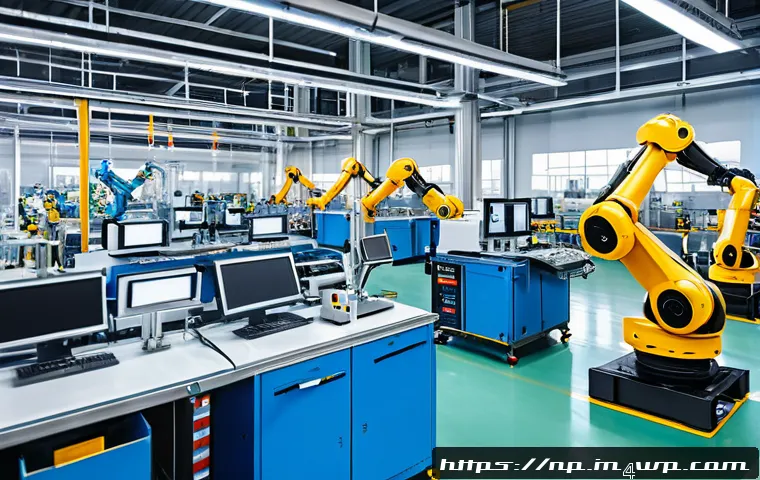 편집 및 개선 프로세스의 사례 및 교훈 - A modern manufacturing factory scene showing an automated production line with robotic arms assembli...